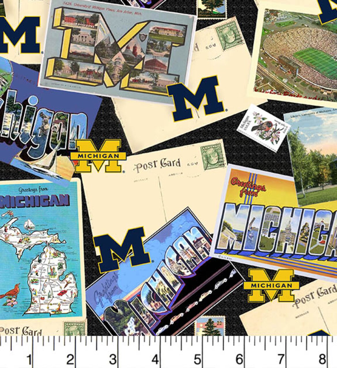 Sykel Enterprises-University of Michigan Cotton Fabric-Michigan Wolverines Postcard Cotton Quilting Fabric
